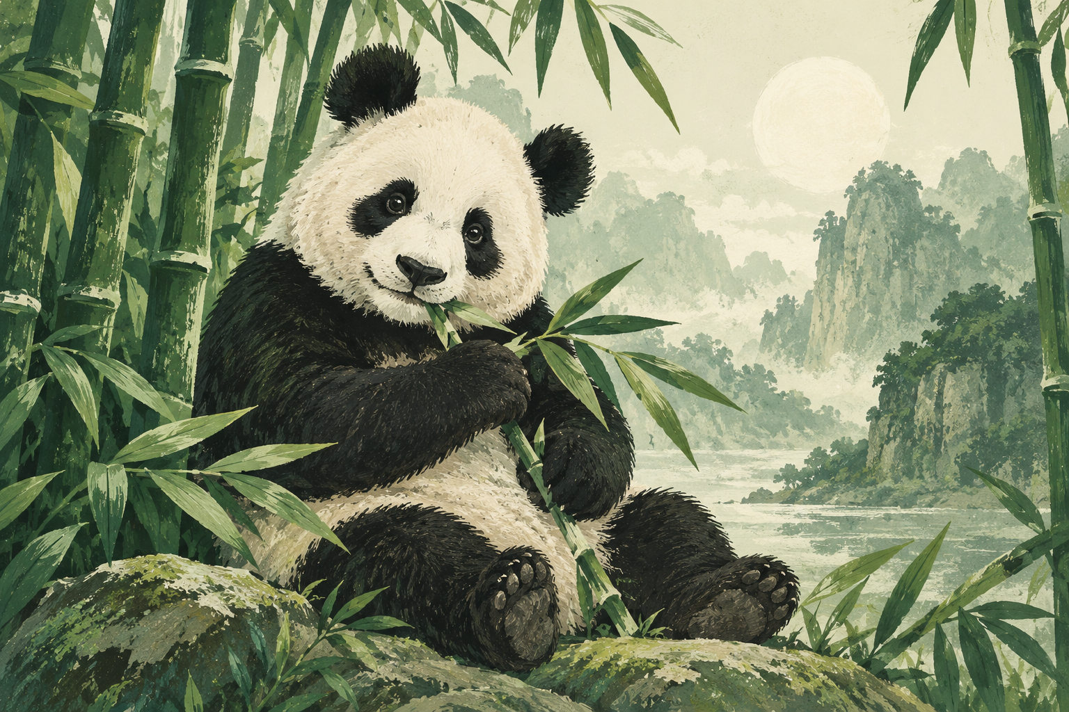 friendly panda sitting among bamboo, refined textured gouache illustration, black ivory and soft leaf green